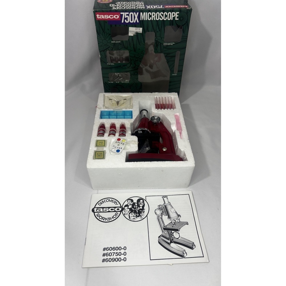 1990 Tasco Vintage Microscope 750x -butterfly Specimen, Shrimp Hatchery, Slides